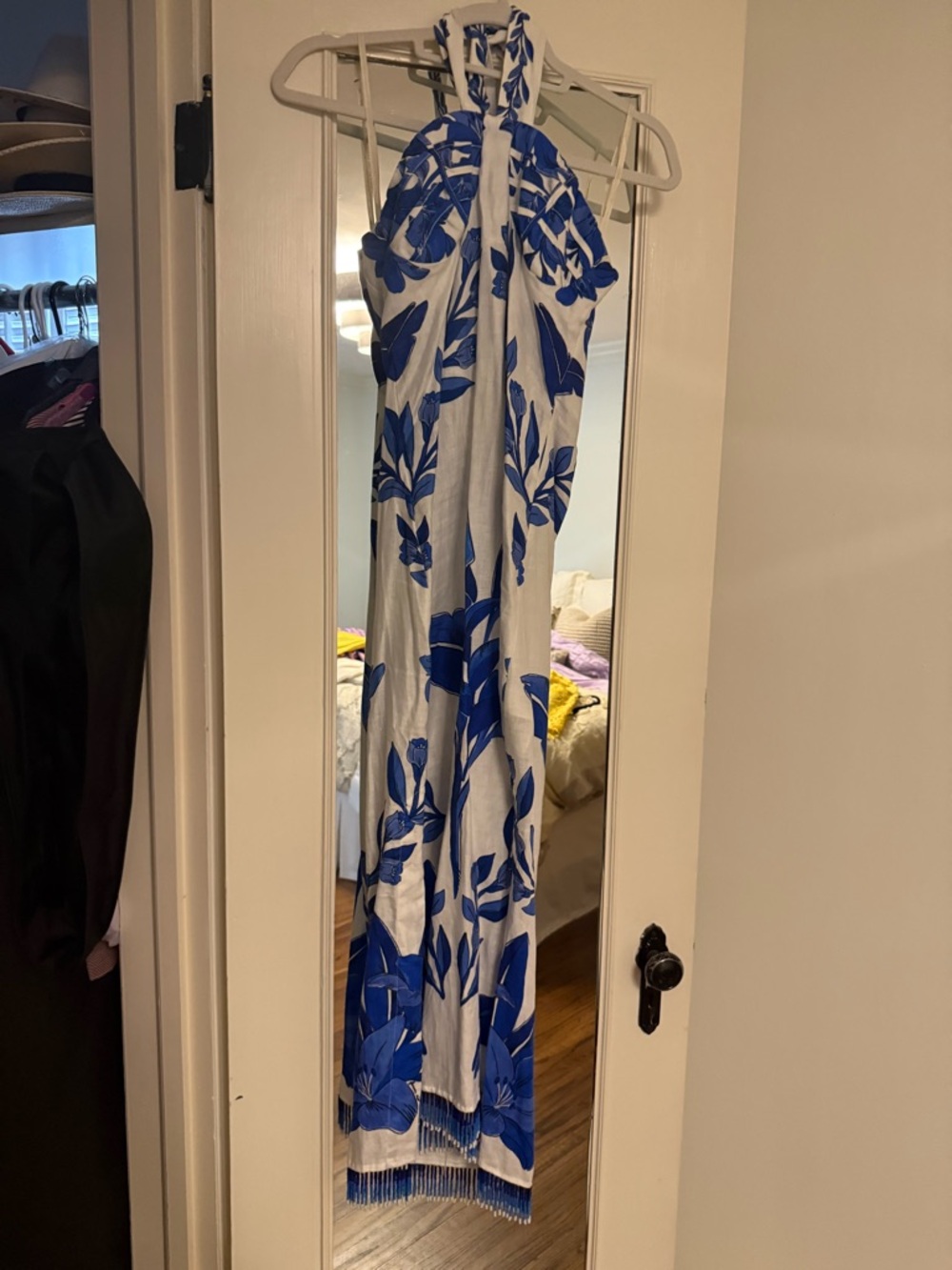 FARM Rio Blue and White Floral Halter Maxi Dress
